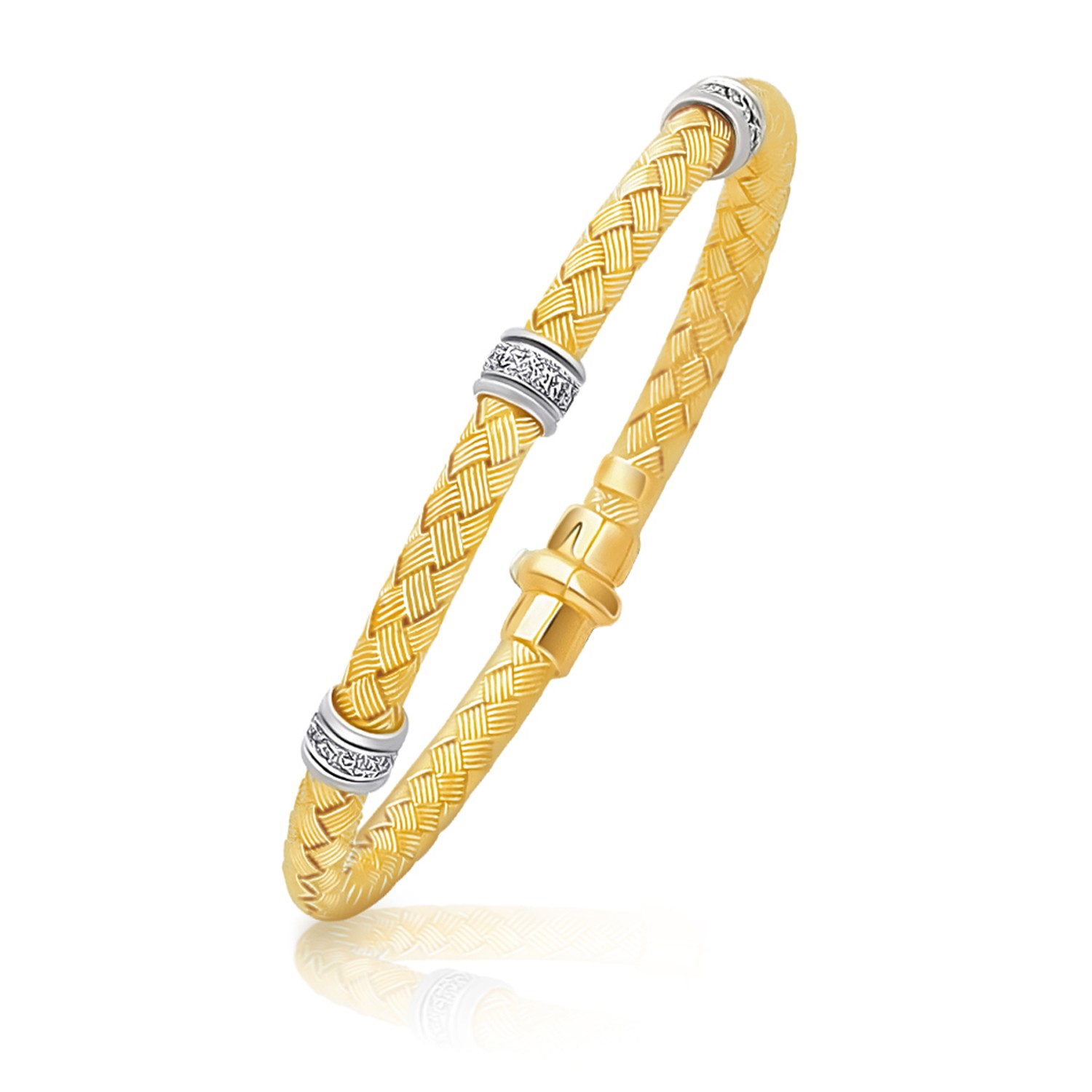 Rondelle Diamond Station Basket Weave Bracelet in 14K TwoTone Gold