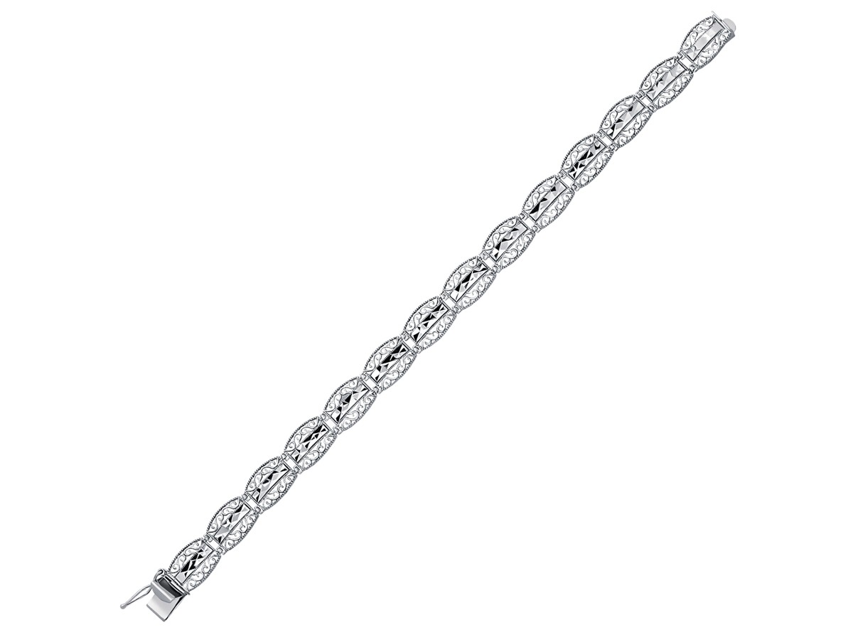 ... Vintage Look Filigree Scalloped Link Bracelet in 14K White Gold