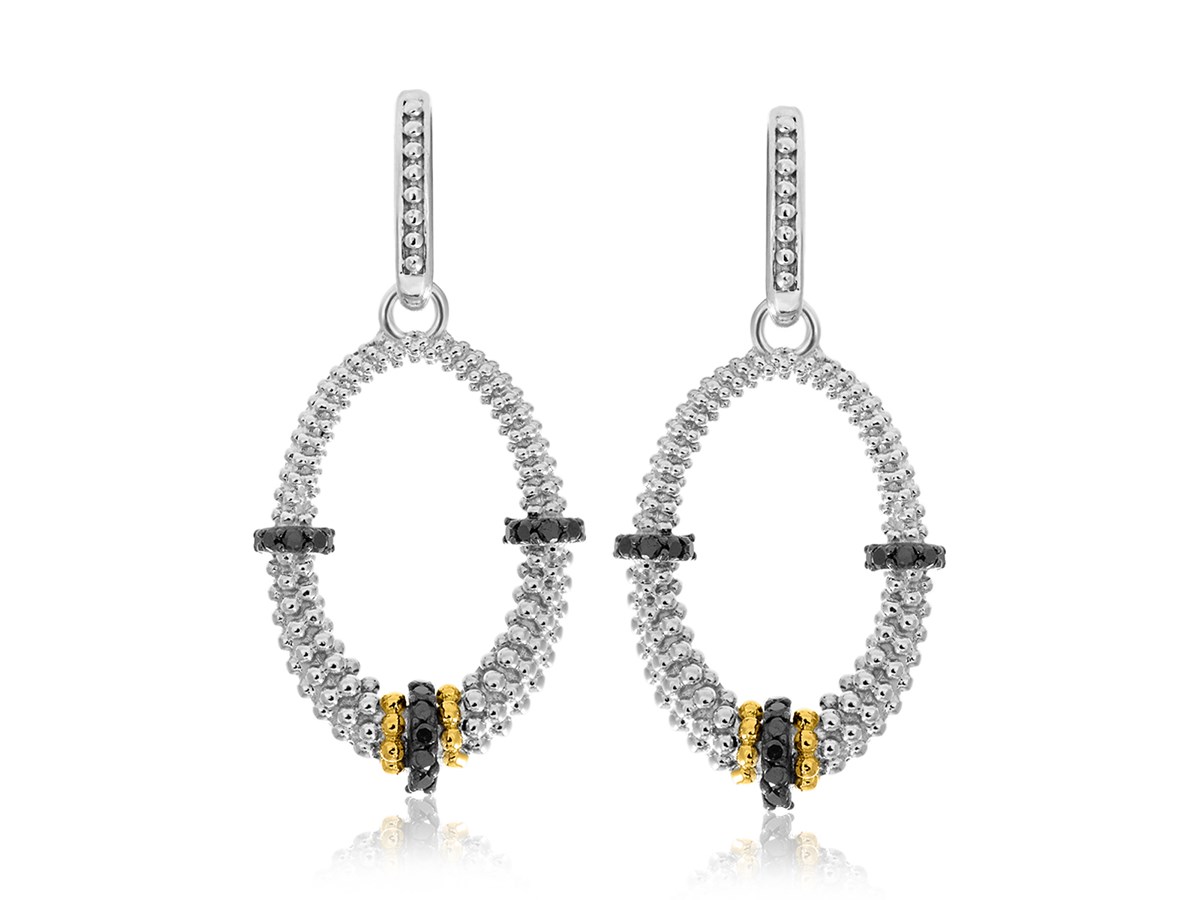 Black Diamond Accented Graduated Oval Popcorn Earrings in 18k Yellow