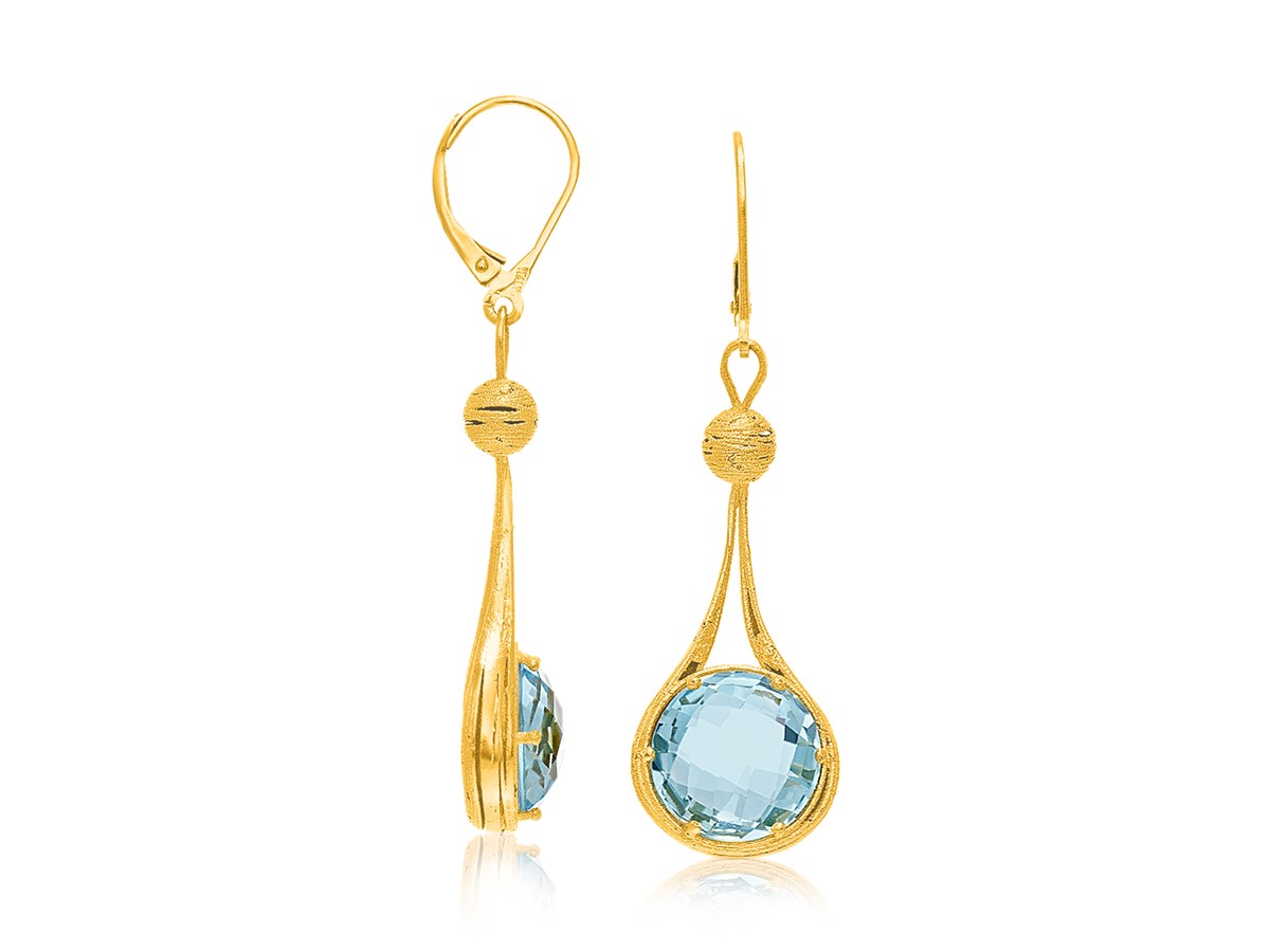 Fancy Drop Ball Type Blue Topaz Dangling Earrings in 14K Yellow Gold