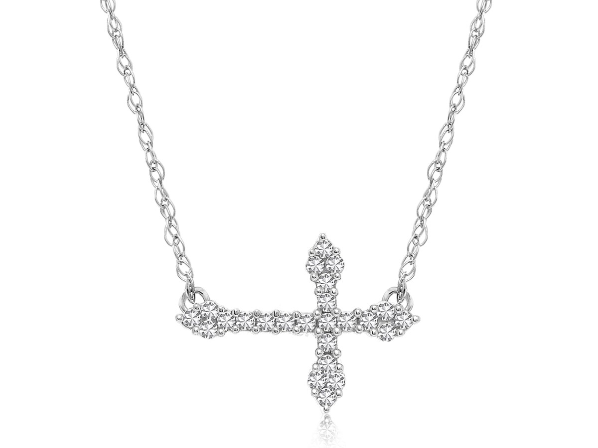 Diamond Accented Horizontal Cross Necklace in 14K White Gold (.07ct tw ...