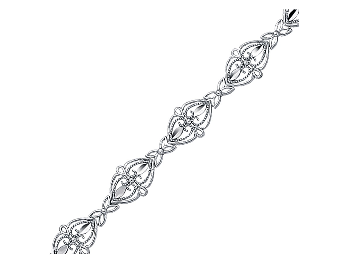 ... Vintage Look Filigree Scrolled Heart Link Bracelet in 14K White Gold