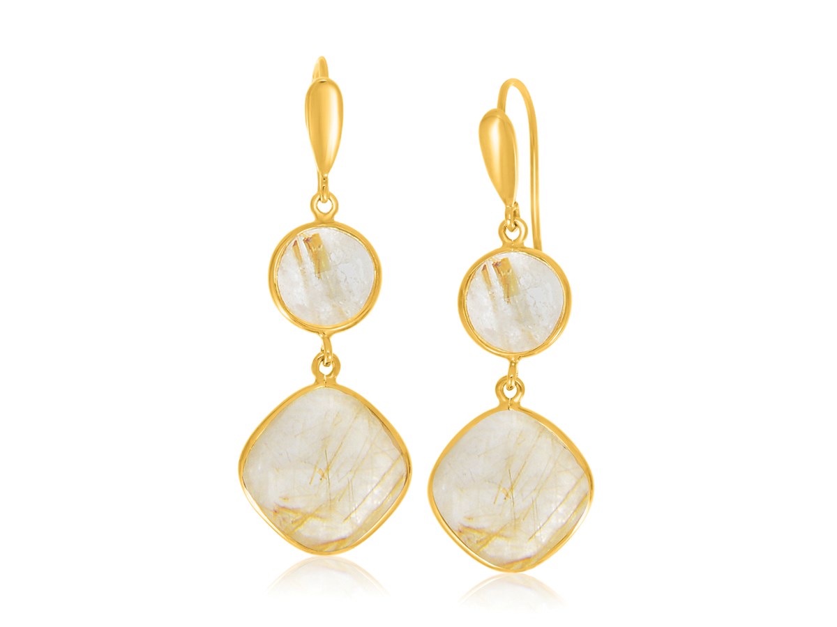 Golden Rutilated Quartz Dangling Earrings in Yellow Gold Plated