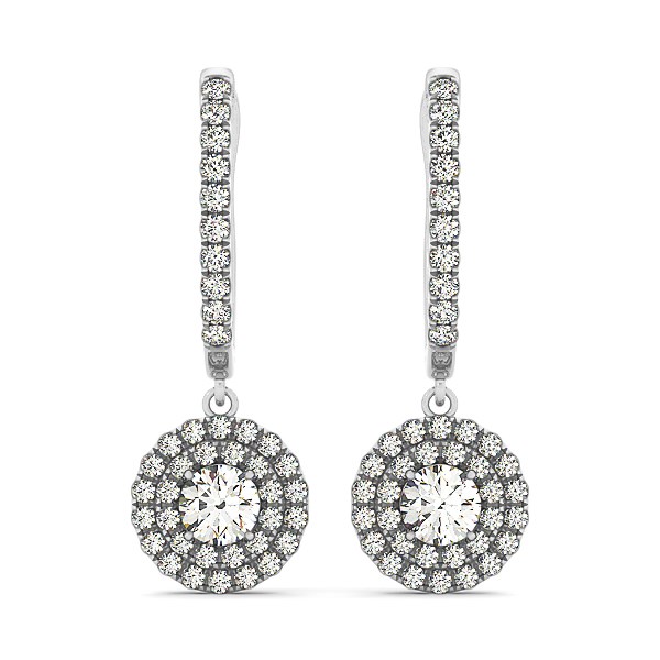 Round Double Halo Style Diamond Drop Earrings in 14k White Gold (1 cttw ...
