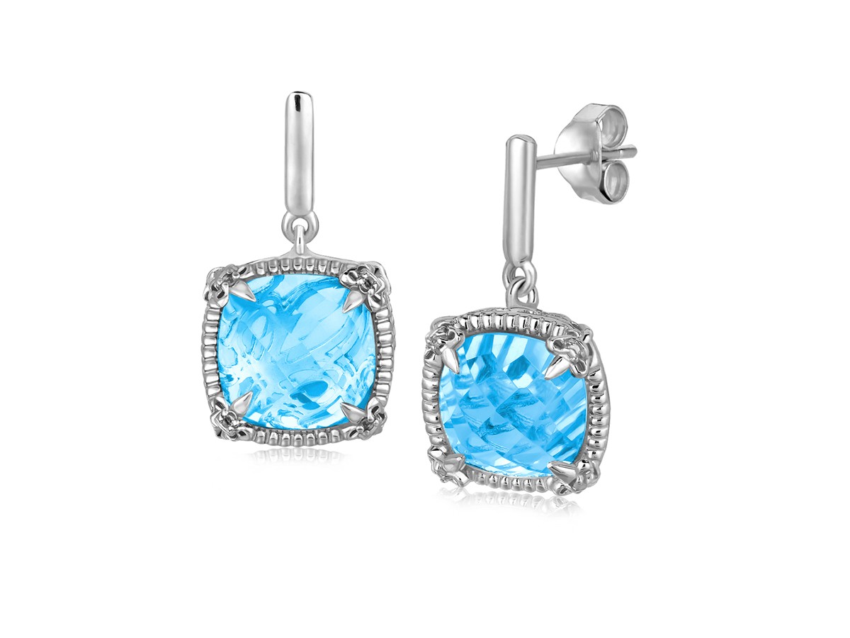 Sky Blue Topaz Earrings with White Sapphire Accented Fleur De Lis Motifs in Sterling Silver