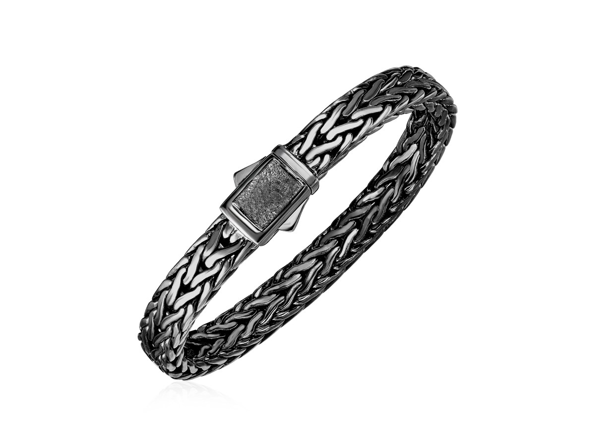 Wide Woven Rope Mens Designer Bracelet with Black Finish in Sterling