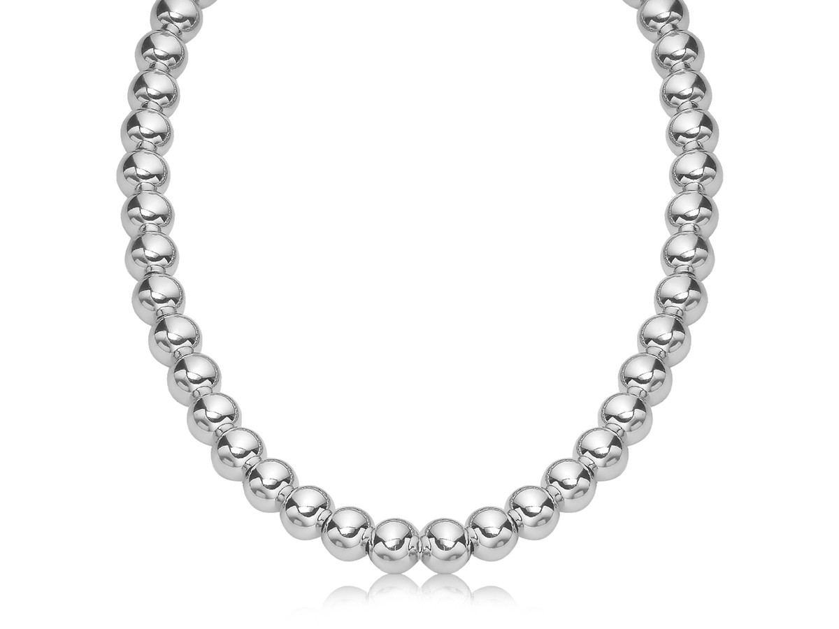 Polished Bead Style Necklace in Rhodium Plated Sterling Silver (10mm