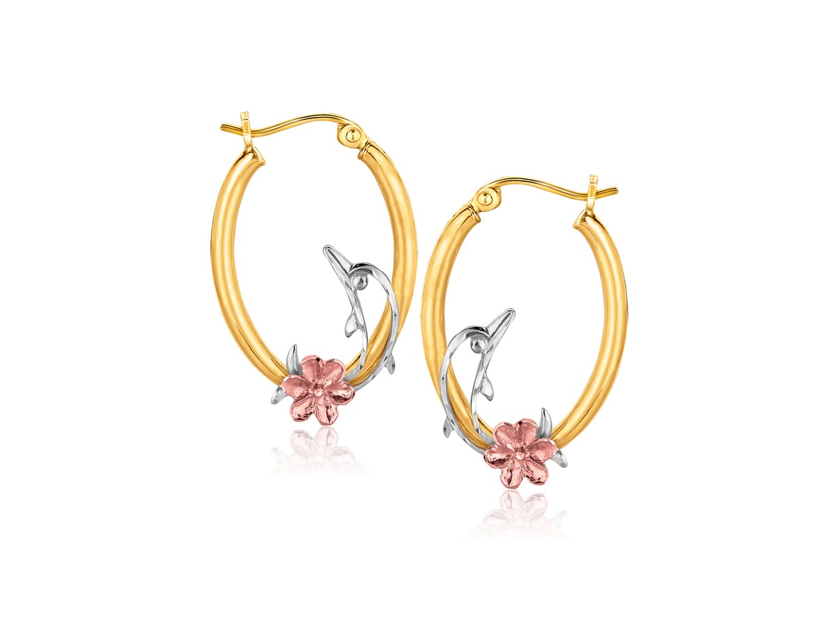 Oval Hoop Earrings With Dolphin Motif Accents In 10k Tri Color Gold