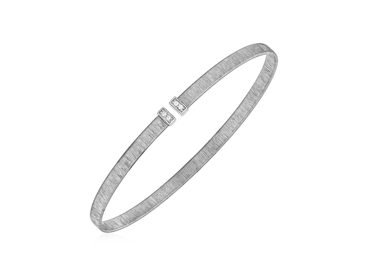 14k White Gold Narrow Silk Textured Cuff Bangle with Diamonds Richard