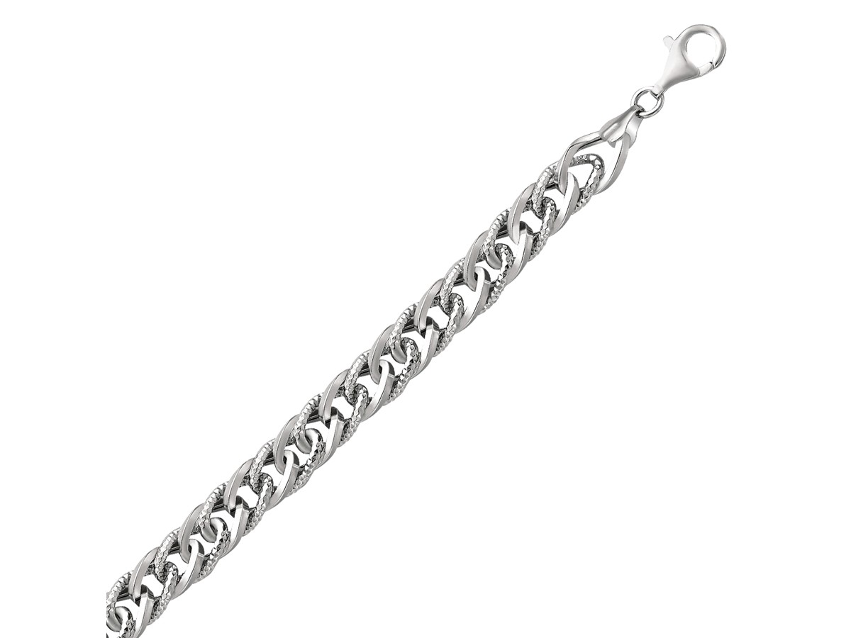 Diamond Cut Gourmette Fancy Chain Bracelet in Rhodium Plated Sterling ...