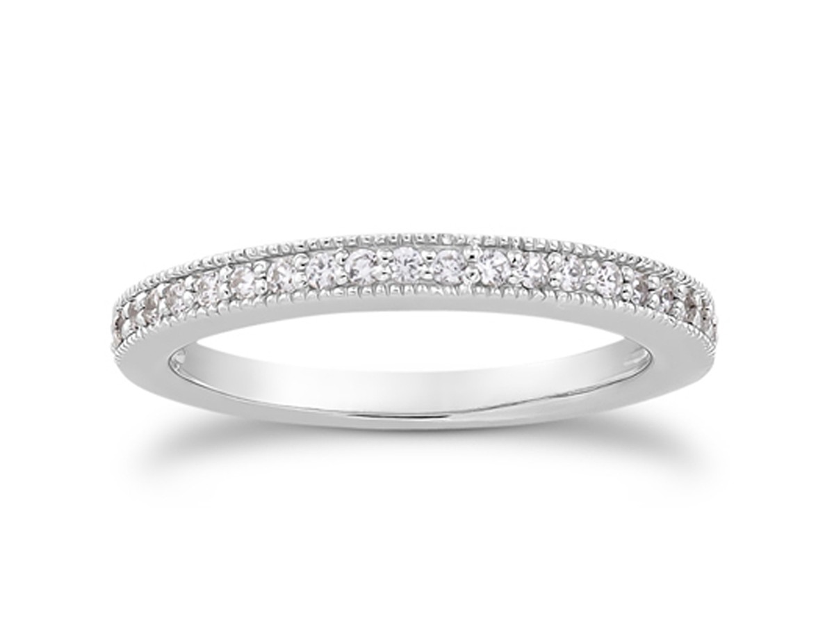 Pave Diamond Milgrain Wedding Ring Band in 14k White Gold