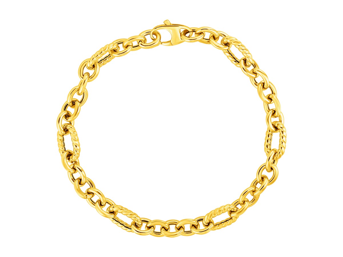Shiny and Textured Oval Link Bracelet in 14k Yellow Gold Richard