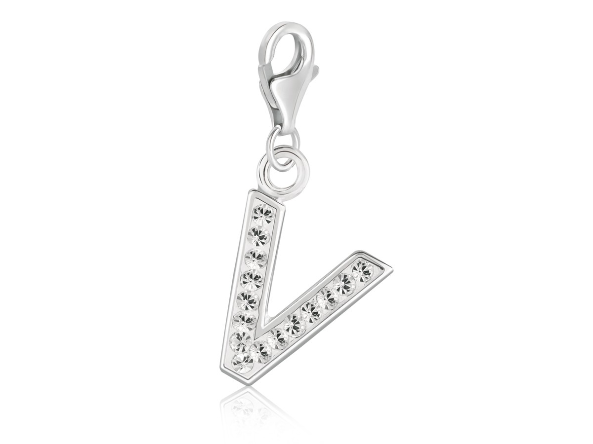 Letter V Charm with White Tone Crystal Accents in Sterling Silver