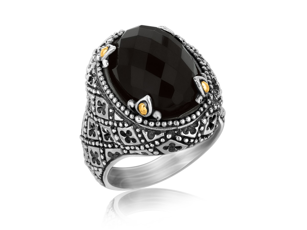 Oval Black Onyx Accented Vintage Style Ring in 18K Yellow Gold and ...