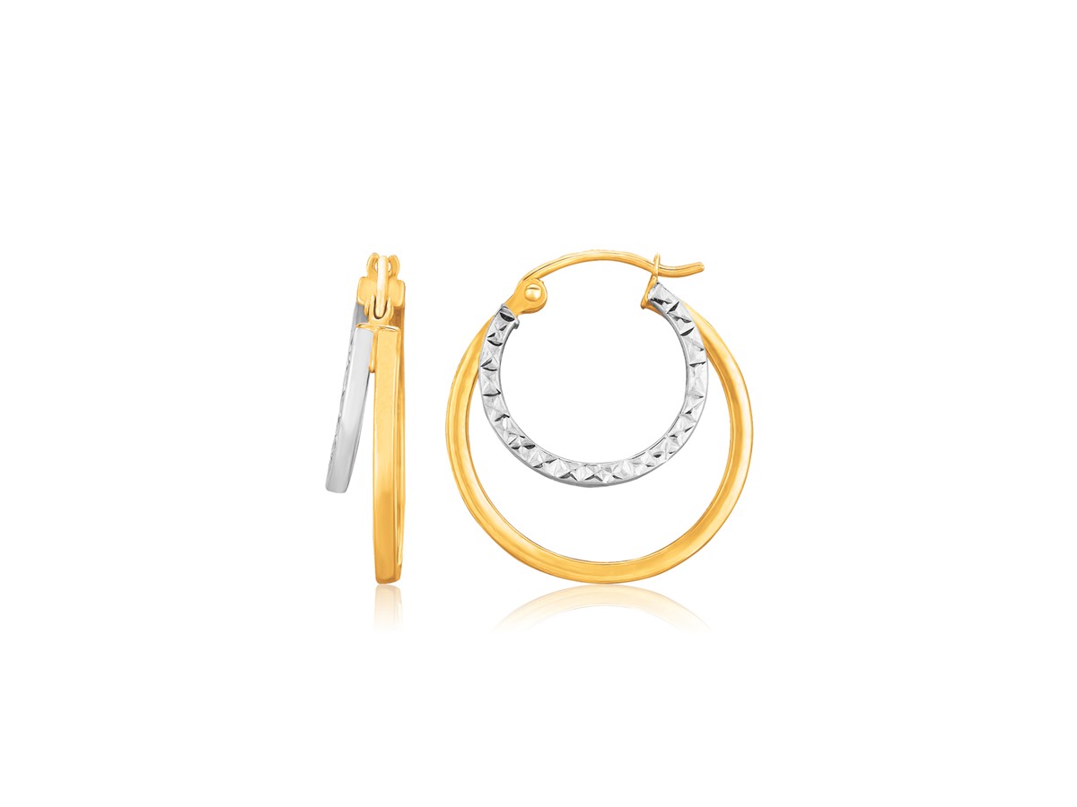 Double Round Hoop Earrings with Hammered Textured Details in 14k Two ...