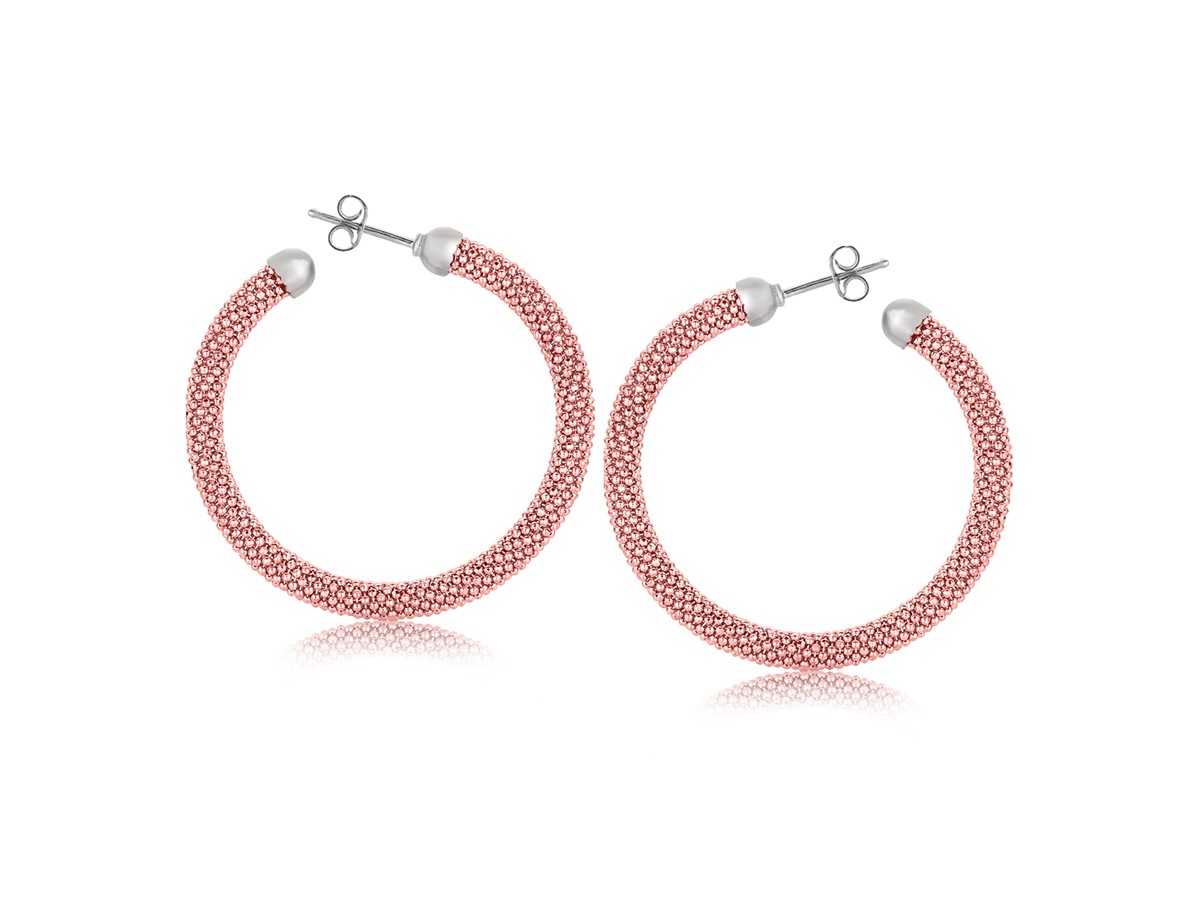 Rounded End Rose Gold Plated Popcorn Hoop Earrings in Rhodium Plated