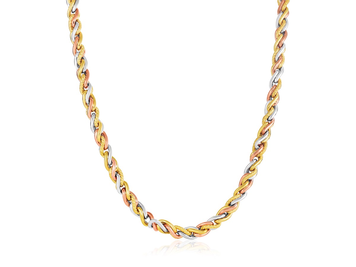 14K TriTone Yellow, White, and Rose Gold Twisted Rope Necklace