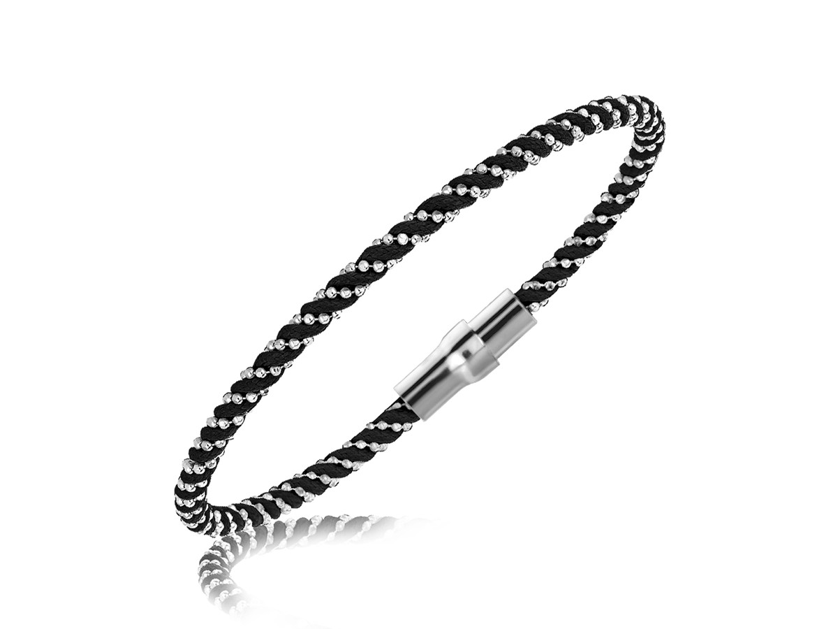 Spiral Bead and Black Tone Rope Chain Stackable Bracelet in Rhodium