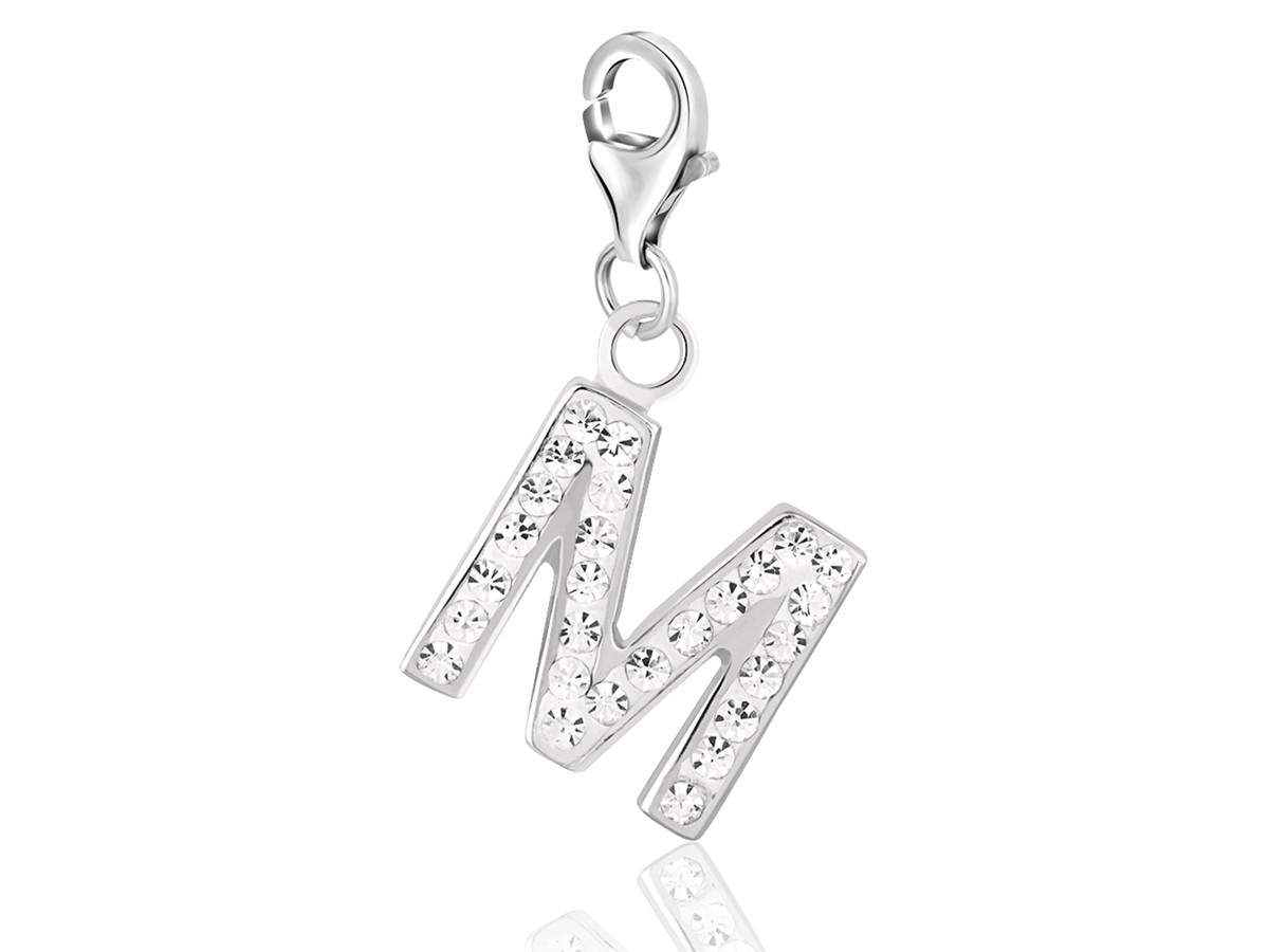 Letter M White Tone Crystal Studded Charm in Sterling Silver - Richard ...