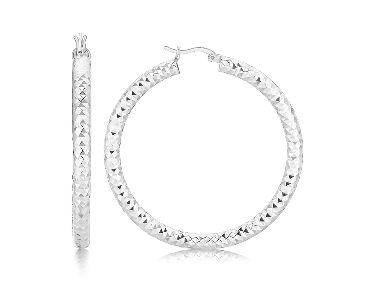 Large Faceted Thick Hoop Earrings in Rhodium Plated Sterling Silver