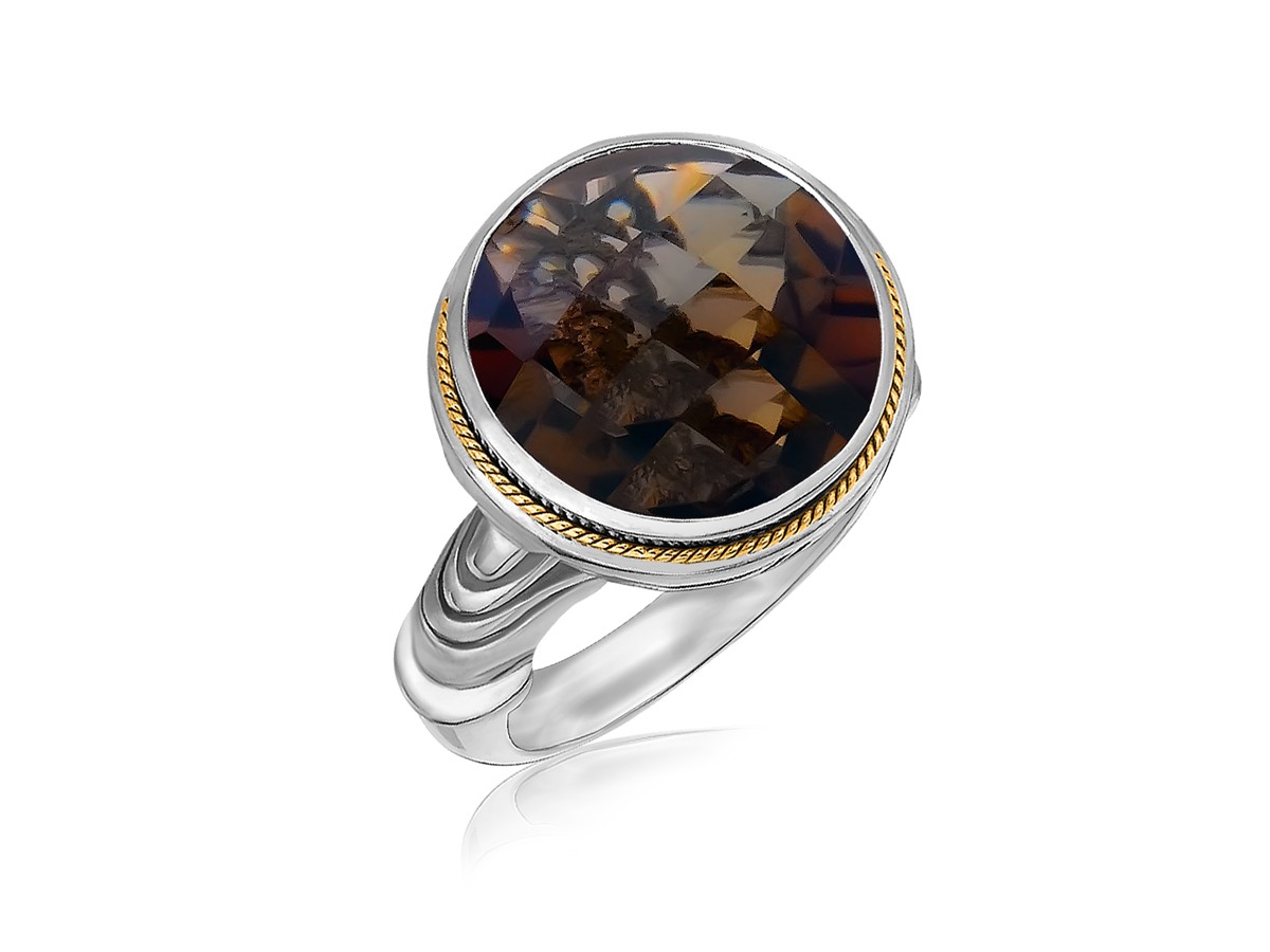 Round Milgrained Smokey Quartz Ring in 18K Yellow Gold and Sterling