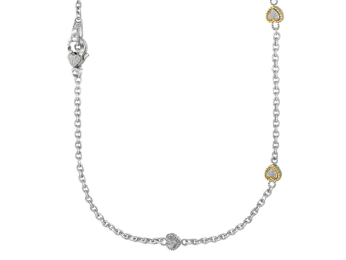 Heart Station Pave Diamond Necklace in Sterling Silver and 14k Yellow