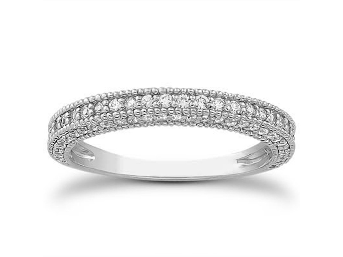 Fancy Pave Diamond Milgrain Wedding Ring Band in 14k White