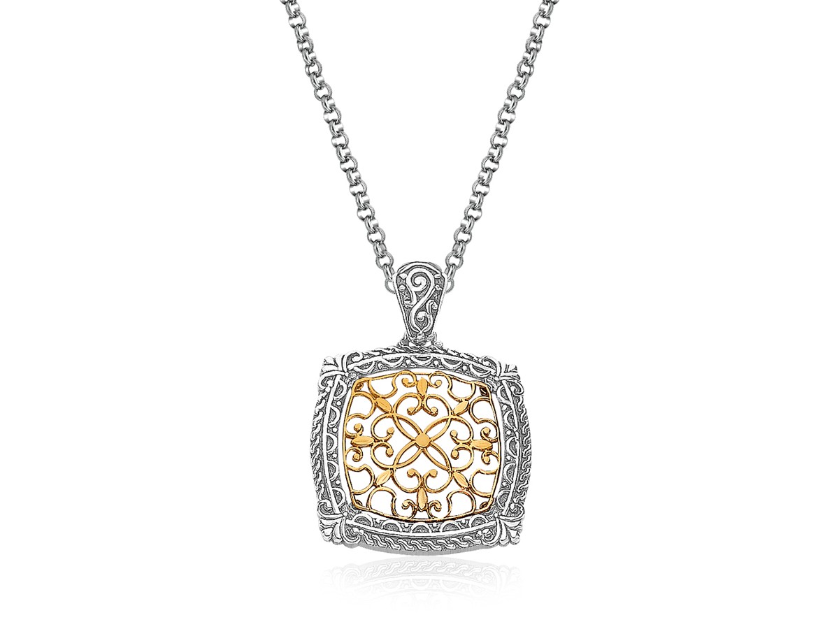 Antique Style Necklace with Square Floral Filigree Pendant in 14K