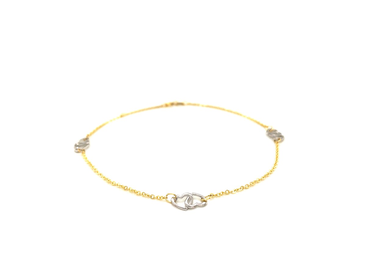 14k Two Tone Gold Entwined Heart Stationed Anklet 