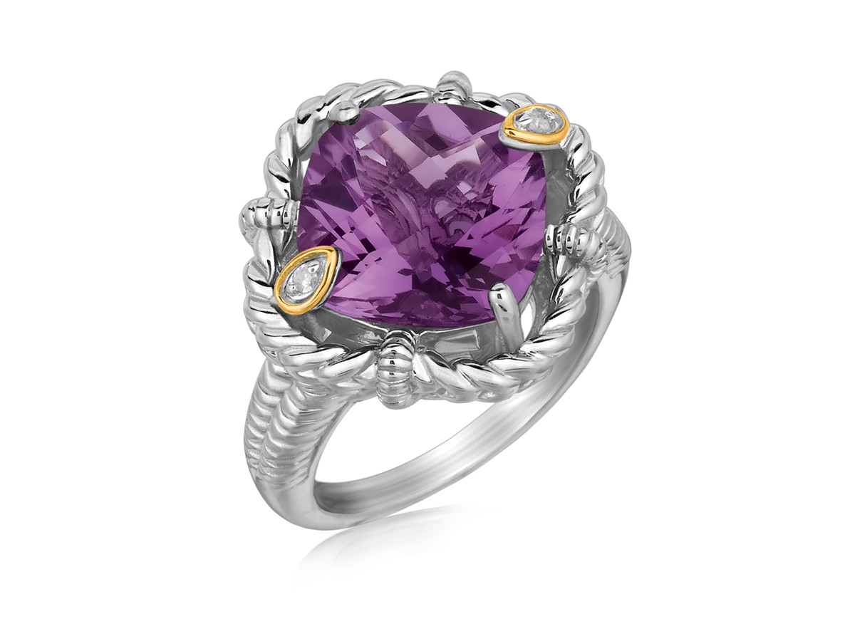 Cushion Amethyst and Diamond Accented Rope Motif Ring in 18k Yellow